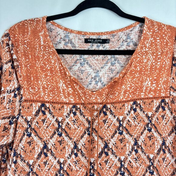 Max Jeans‎ Boho Tunic Top Women’s Medium Rust Orange Diamond Print Tassel Tie - Picture 3 of 16
